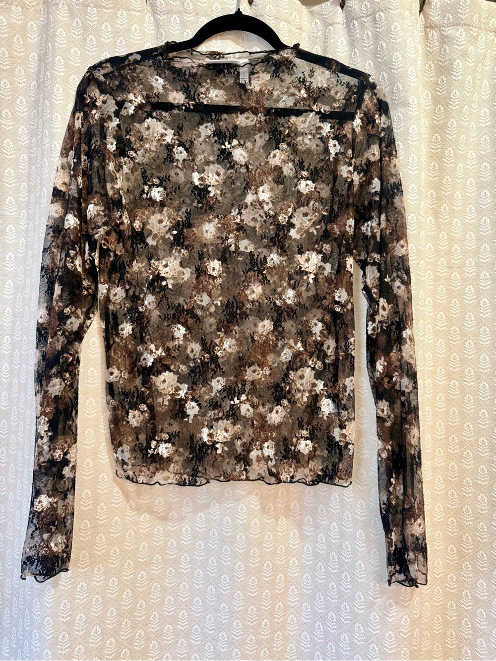 Buckle Sheer Floral Mesh Long-Sleeve Top - Black & Brown